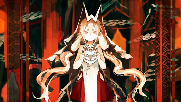 Anime picture 840x473 with original kitsune (kazenouta) single long hair looking at viewer blonde hair wide image twintails holding yellow eyes pale skin girl dress hood mask fox mask