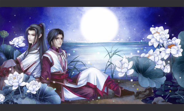 Anime picture 1500x909 with hazhangzhong long hair short hair black hair wide image sitting ponytail traditional clothes night multiple boys grey eyes chinese clothes back to back face paint boy flower (flowers) earrings water sea moon