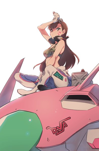Anime picture 1500x2291 with overwatch blizzard entertainment d.va (overwatch) meka (overwatch) supernew single long hair tall image looking at viewer fringe breasts simple background brown hair white background sitting bare shoulders holding brown eyes full body bent knee (knees)