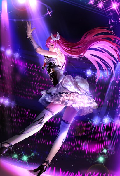 Anime picture 602x877 with puri para pretty (series) houjou sophie irua long hair tall image looking at viewer standing pink hair pink eyes looking back from behind high heels leaning leaning forward outstretched arm head wings girl thighhighs dress