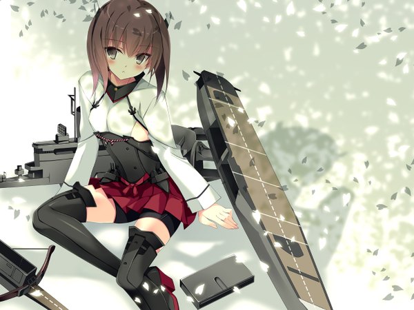 Anime picture 1280x960 with kantai collection taihou armored aircraft carrier kobayashi chisato single short hair brown hair brown eyes looking away shadow girl skirt petals thigh boots