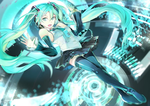 Anime picture 1200x849 with vocaloid hatsune miku 119 looking at viewer open mouth twintails very long hair aqua eyes aqua hair girl skirt detached sleeves necktie headphones thigh boots