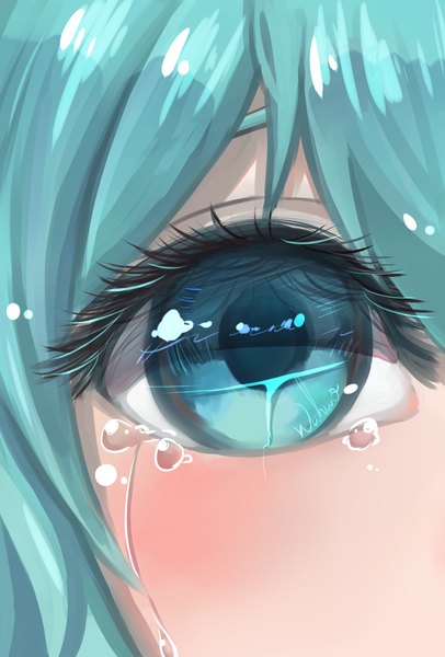 Anime picture 2479x3661 with vocaloid hatsune miku wuhuo single tall image looking at viewer blush fringe highres hair between eyes signed aqua eyes aqua hair tears close-up crying girl teardrop eye