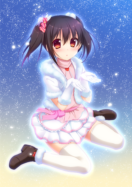 Anime picture 708x1000 with love live! school idol project sunrise (studio) love live! yazawa nico mochi con single tall image looking at viewer blush fringe short hair red eyes sitting twintails zettai ryouiki dark hair girl thighhighs dress gloves