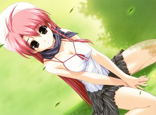 Anime picture 1943x1443 with boy meets girl (game) tsubasa miu shintarou single long hair looking at viewer highres breasts sitting bare shoulders pink hair outdoors braid (braids) black eyes scan dutch angle single braid nature jpeg artifacts breast squeeze