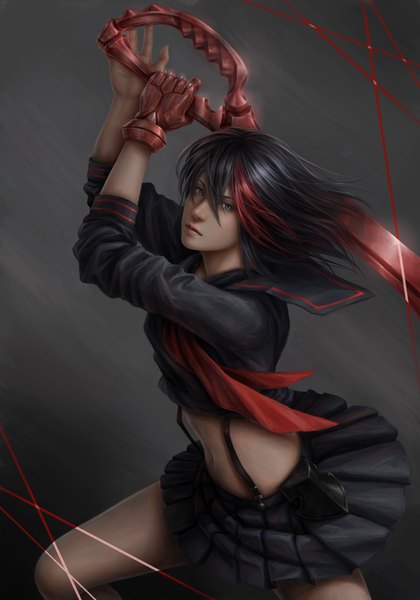 Anime picture 911x1300 with kill la kill studio trigger matoi ryuuko jxbp single long hair tall image looking at viewer blue eyes black hair simple background red hair multicolored hair realistic grey background two-tone hair bare belly streaked hair girl skirt