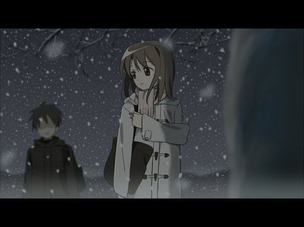 Anime picture 1050x787 with 5 centimeters per second toono takaki shinohara akari nagareboshi snowing letterboxed winter coat