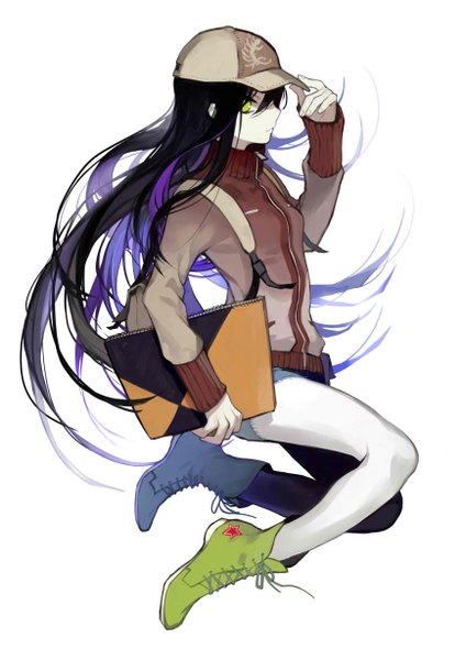 Anime picture 868x1227 with original yamakawa single long hair tall image looking at viewer black hair simple background white background green eyes pale skin jumping girl shoes jacket shorts backpack flat cap sketchbook