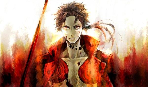 Anime picture 1700x1000 with sengoku basara production i.g sanada yukimura noes long hair red eyes brown hair wide image open clothes boy weapon blood