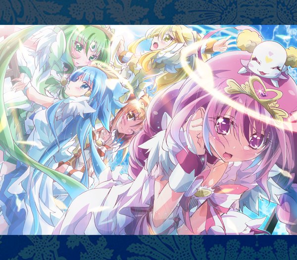 Anime picture 1600x1400 with precure smile precure! toei animation aoki reika kise yayoi midorikawa nao hoshizora miyuki hino akane (smile precure!) cure beauty cure peace cure happy cure march cure sunny candy (smile precure!) inoshishi (ikatomo) long hair blush open mouth blue eyes blonde hair