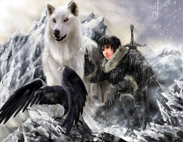 Anime picture 6000x4667 with a song of ice and fire john snow ghost (a song of ice and fire) bazukatm single highres short hair blue eyes black hair red eyes absurdres sky cloud (clouds) wind lips sunlight realistic snowing winter snow