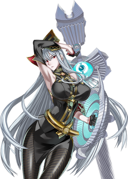 Anime picture 1024x1440 with valkyria chronicles selvaria bles single long hair tall image looking at viewer fringe breasts light erotic large breasts standing holding silver hair armpit (armpits) transparent background white skin girl skirt gloves weapon