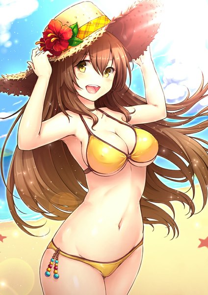 Anime picture 600x849 with original gogatsu no renkyuu single long hair tall image looking at viewer blush fringe breasts open mouth light erotic brown hair standing bare shoulders yellow eyes sky cloud (clouds) sunlight bare legs bare belly