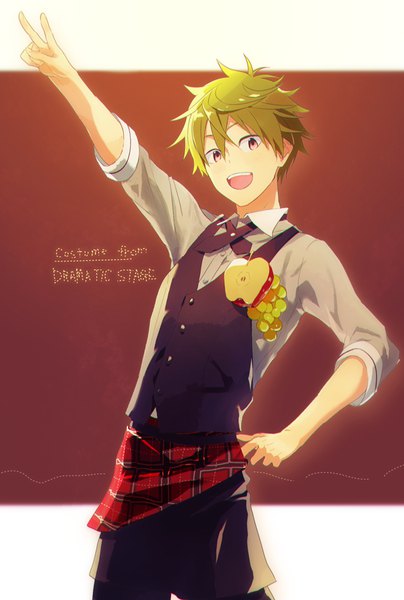 Anime picture 600x891 with idolmaster idolmaster side-m akiyama hayato map (map imas) single tall image looking at viewer fringe short hair open mouth hair between eyes pink eyes arm up green hair victory boy vest