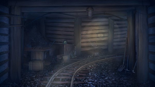 Anime picture 1920x1080 with everlasting summer iichan eroge arsenixc highres wide image game cg wallpaper light no people broken helmet lamp stone (stones) box cable railways shovel coach tunnel pickaxe