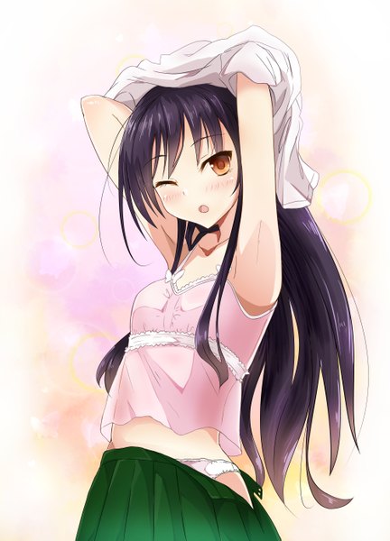 Anime picture 2004x2785 with accel world sunrise (studio) kuroyukihime ameyoshi long hair tall image blush highres open mouth light erotic black hair brown eyes cleavage one eye closed wink undressing girl skirt miniskirt