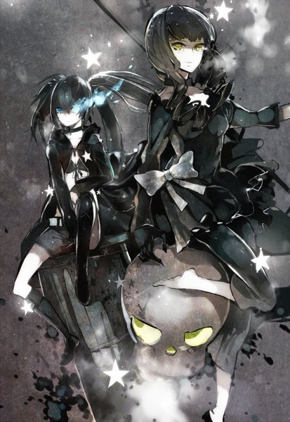 Anime picture 1000x1453 with black rock shooter black rock shooter (character) dead master susu (artist) long hair tall image blue eyes black hair sitting twintails multiple girls yellow eyes barefoot glowing glowing eye (eyes) girl dress bow 2 girls shorts