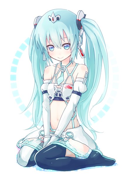 Anime picture 936x1284 with vocaloid hatsune miku shirofox (artist) single long hair tall image looking at viewer simple background smile sitting twintails bare shoulders aqua eyes aqua hair girl gloves navel necktie elbow gloves white gloves