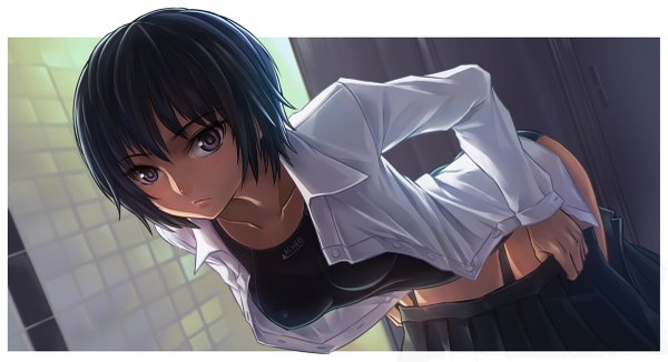 Anime picture 1200x653 with amagami nanasaki ai todee single looking at viewer short hair light erotic black hair wide image black eyes open clothes open shirt girl swimsuit shirt