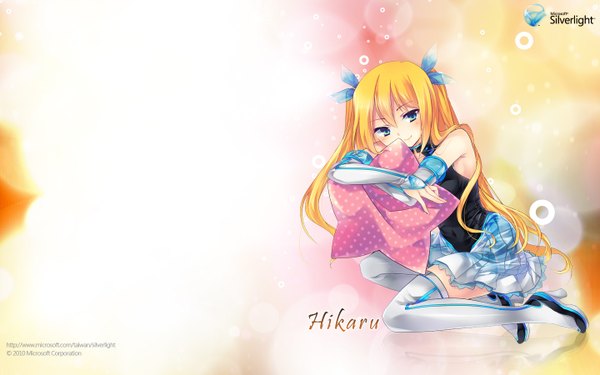 Anime picture 1440x900 with os-tan microsoft aizawa hikaru shinia long hair blue eyes blonde hair wide image twintails girl thighhighs pillow star (symbol)