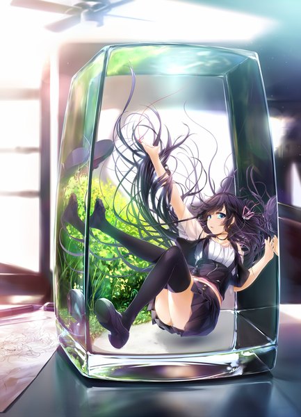 Anime picture 900x1247 with original wingheart single long hair tall image looking at viewer blush open mouth blue eyes light erotic purple hair pantyshot legs partially submerged reflection backlighting weightlessness single shoe in container girl