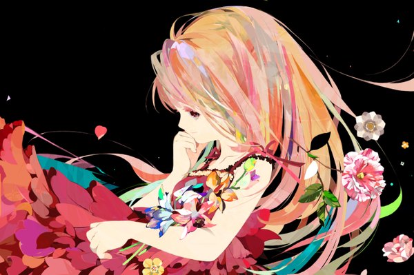 Anime picture 1406x937 with original mochikin (jijijin) single long hair simple background bare shoulders profile multicolored hair light smile wind black background hand on face multicolored eyes girl dress flower (flowers) bow ribbon (ribbons) petals leaf (leaves)
