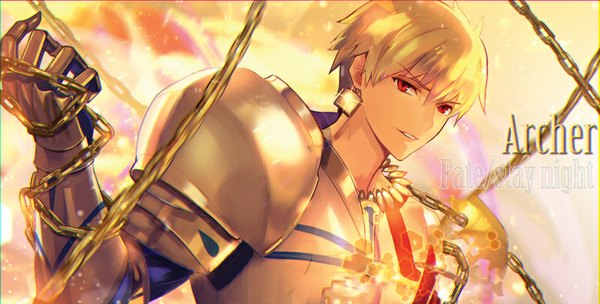 Anime picture 800x406 with fate (series) fate/zero type-moon gilgamesh (fate) astarone single looking at viewer fringe short hair blonde hair red eyes wide image portrait boy earrings armor chain necklace