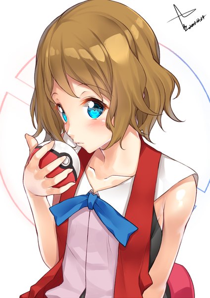 Anime picture 566x800 with pokemon pokemon xy nintendo serena (pokemon) yappen single tall image looking at viewer blush short hair blue eyes simple background brown hair white background signed from above sleeveless dated girl pokeball