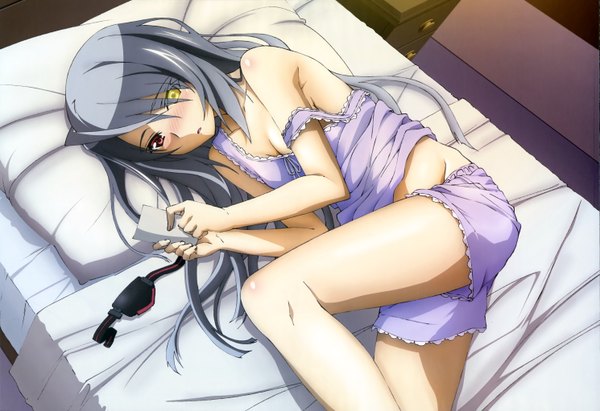 Anime picture 5954x4087 with infinite stratos 8bit nyantype laura bodewig single long hair blush highres absurdres lying grey hair official art bare legs heterochromia girl shorts pillow bed