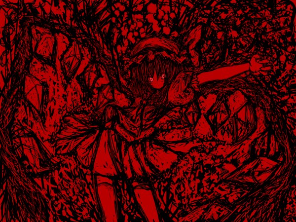 Anime picture 1200x900 with touhou flandre scarlet rasha monochrome red background girl