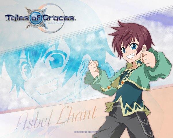 Anime picture 1280x1024 with tales of graces asbel lhant single blue eyes brown hair inscription grin spread arms child (children)