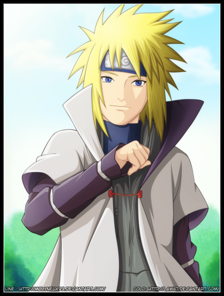 Anime picture 835x1100 with naruto studio pierrot naruto (series) namikaze minato law67 single tall image looking at viewer short hair blue eyes blonde hair smile sky cloud (clouds) coloring framed hokage boy cloak bandana