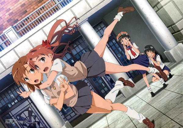 Anime picture 4077x2853 with to aru kagaku no railgun to aru majutsu no index j.c. staff megami magazine misaka mikoto shirai kuroko saten ruiko uiharu kazari obuchi yousuke long hair looking at viewer fringe highres short hair breasts open mouth black hair smile brown hair standing