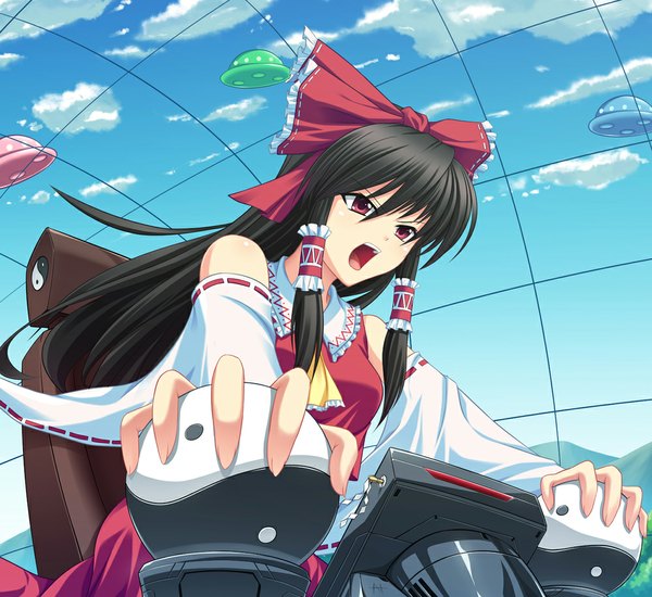 Anime picture 1000x917 with touhou hakurei reimu athrun1120 single long hair open mouth black hair red eyes cloud (clouds) miko girl bow hair bow detached sleeves spacecraft ufo flying saucer
