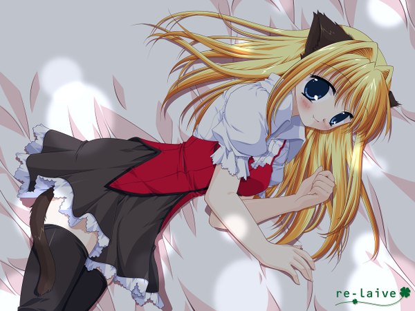 Anime picture 1280x960 with animal ears teeth cat girl fang (fangs) girl thighhighs bed