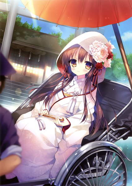 Anime picture 2482x3500 with original wori single long hair tall image looking at viewer blush highres brown hair sitting brown eyes traditional clothes japanese clothes scan official art girl flower (flowers) kimono umbrella oriental umbrella