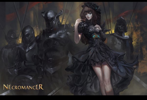 Anime picture 2000x1360 with baka (mh6516620) long hair highres black hair black eyes inscription bare legs letterboxed skeleton army necromancer girl dress weapon hat sword armor skull helmet shield