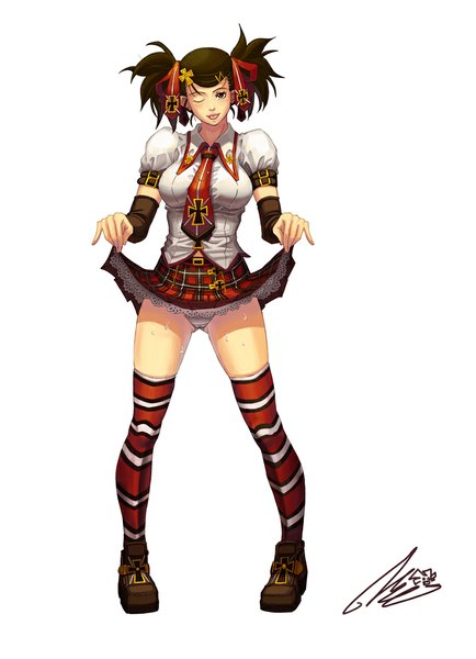 Anime picture 760x1050 with original gonster single long hair tall image looking at viewer blush light erotic simple background brown hair standing white background twintails brown eyes signed one eye closed wink plaid skirt short twintails skirt lift