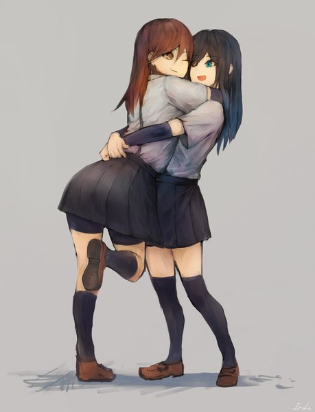 Anime picture 2069x2701 with kantai collection asashio destroyer arashio destroyer irikawa tall image fringe highres open mouth light erotic simple background smile hair between eyes standing multiple girls signed yellow eyes bent knee (knees) pleated skirt one eye closed aqua eyes