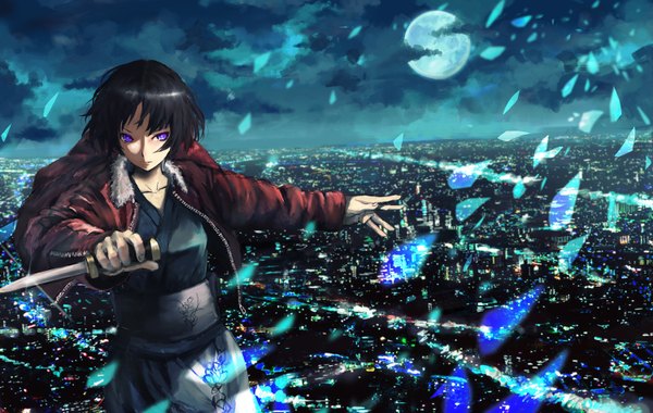 Anime picture 1500x952 with kara no kyoukai type-moon ryougi shiki seafh (artist) single short hair black hair purple eyes japanese clothes city cityscape girl petals kimono moon knife