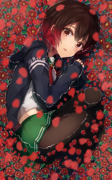 Anime picture 1000x1600 with kantai collection mutsuki destroyer hinauri (nurupon) single tall image looking at viewer blush fringe short hair open mouth black hair hair between eyes brown eyes bent knee (knees) red hair pleated skirt multicolored hair open jacket two-tone hair partially submerged