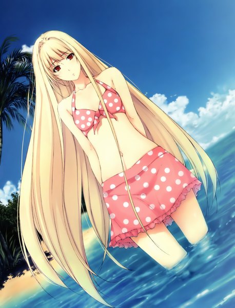 Anime picture 2270x2970 with caucasus nanatsuki shion sugina miki tall image highres blonde hair red eyes sky cloud (clouds) very long hair beach girl swimsuit plant (plants) tree (trees) sea palm tree