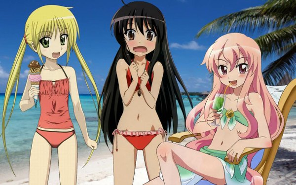 Anime picture 1280x800 with shakugan no shana hayate no gotoku! zero no tsukaima j.c. staff shana louise francoise le blanc de la valliere sanzenin nagi looking at viewer blush fringe open mouth light erotic black hair blonde hair hair between eyes wide image standing sitting multiple girls brown eyes