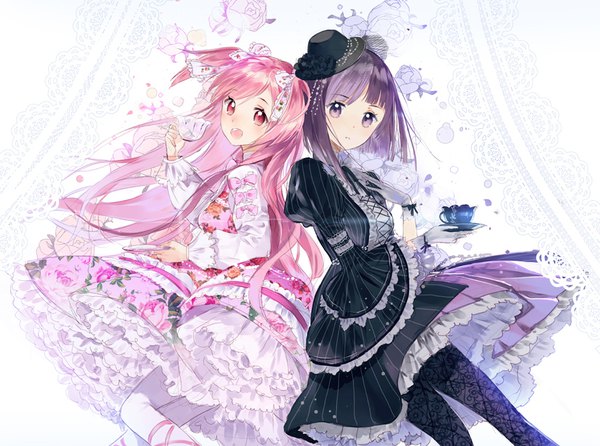 Anime picture 860x640 with cookie run blackberry cookie cherry blossom cookie macciatto (aciel02) long hair looking at viewer short hair open mouth purple eyes multiple girls pink hair purple hair pink eyes two side up lolita fashion goth-loli adapted costume sweet lolita girl ribbon (ribbons)