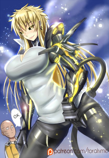 Anime picture 1024x1475 with one-punch man madhouse saitama (one-punch man) genos torahime (roland00) long hair tall image looking at viewer fringe breasts light erotic blonde hair yellow eyes light smile huge breasts genderswap bald superhero girl boy