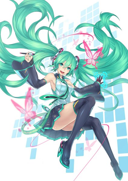 Anime picture 707x1000 with vocaloid hatsune miku 2d (artist) single long hair tall image looking at viewer open mouth twintails green eyes nail polish green hair spread arms jumping girl thighhighs black thighhighs detached sleeves insect butterfly