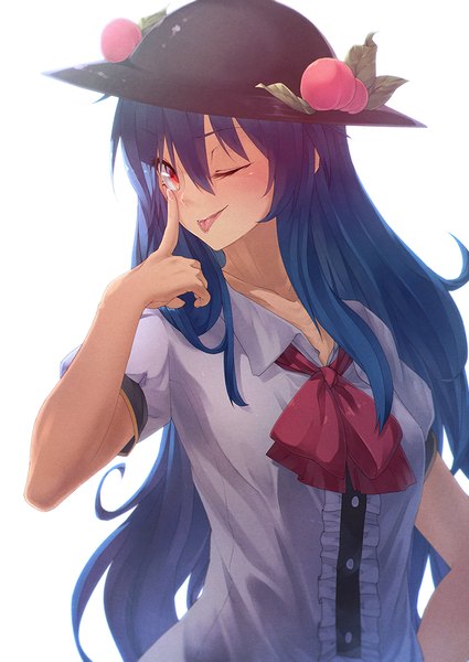 Anime picture 724x1023 with touhou hinanawi tenshi ibuki notsu single long hair tall image looking at viewer blush simple background red eyes white background blue hair one eye closed wink hand on hip akanbe girl hat tongue fruit