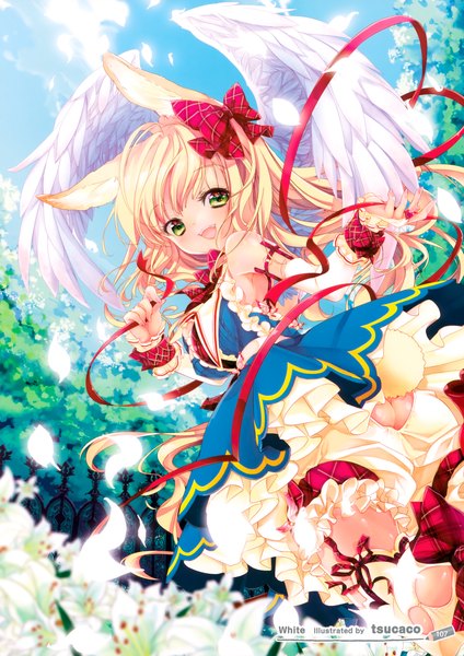 Anime picture 2473x3500 with original tsucaco (artist) long hair tall image highres open mouth blonde hair bare shoulders green eyes animal ears girl dress flower (flowers) bow hair bow detached sleeves petals wings frills