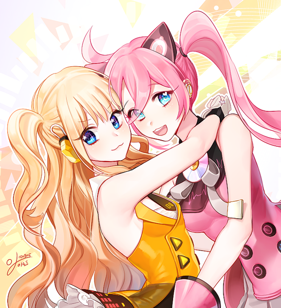 Anime picture 729x800 with vocaloid seeu uni (vocaloid) kakon long hair tall image blush open mouth blue eyes blonde hair smile twintails bare shoulders multiple girls signed animal ears looking away pink hair ahoge cat ears