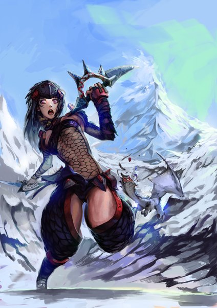 Anime picture 2480x3508 with monster hunter nargacuga (armor) spices long hair tall image highres open mouth black hair holding looking away sky pink eyes underboob winter snow mountain leg lift (legs lift) dual wielding girl navel